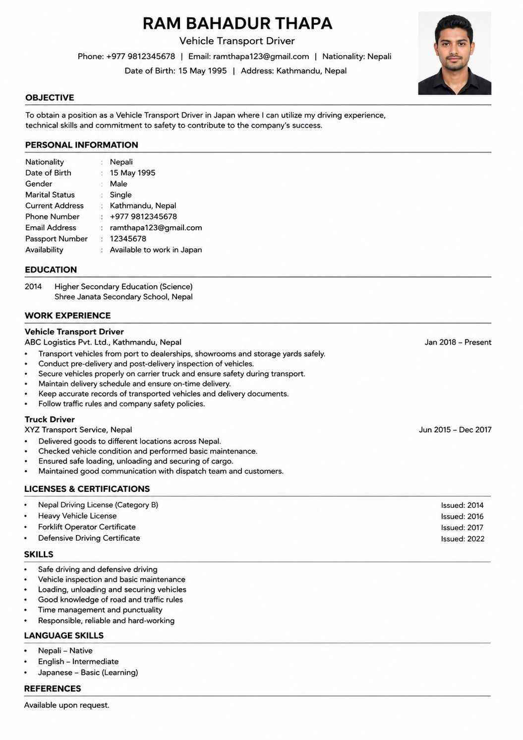Real CV Example for Automobile transport