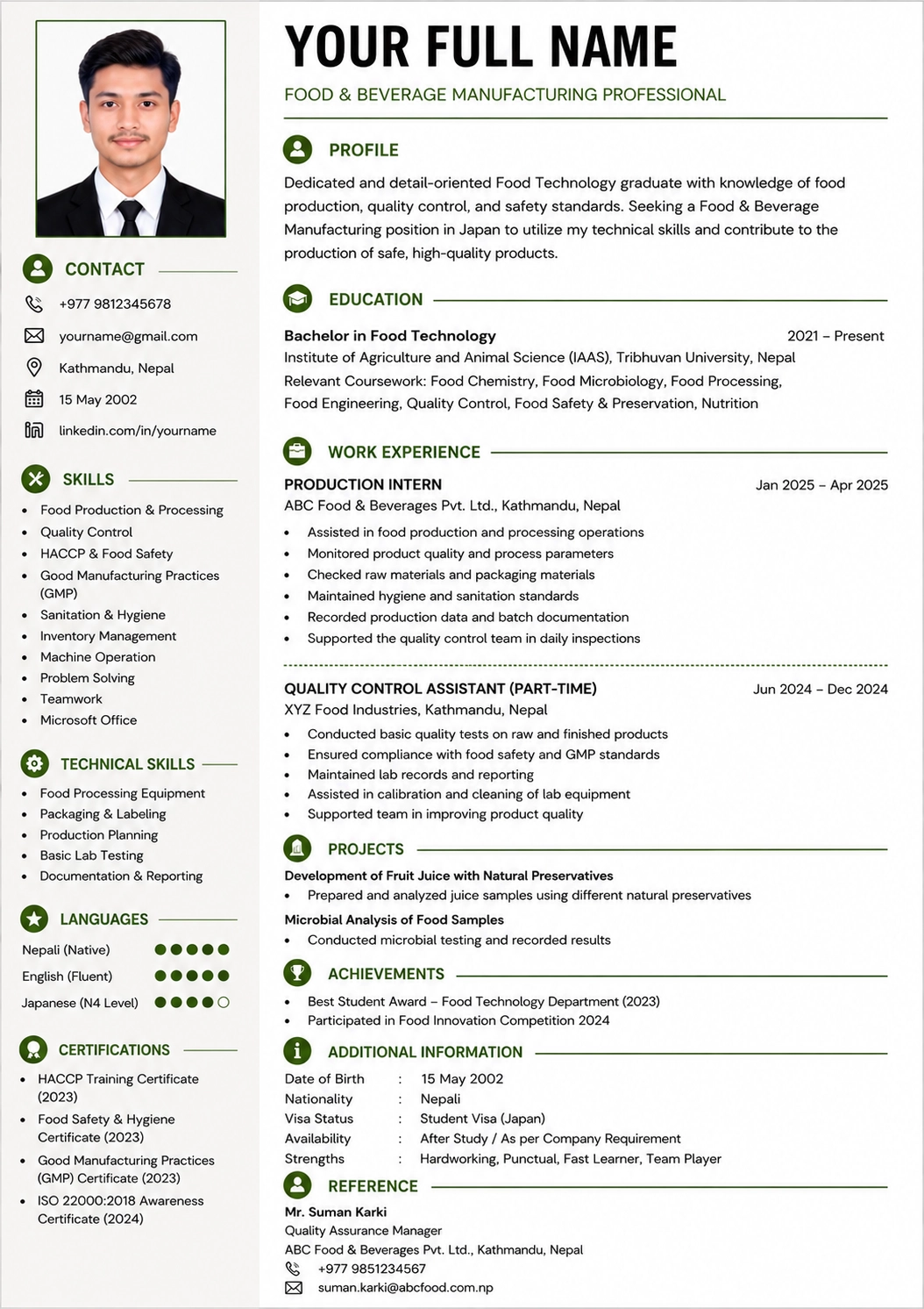 Real CV Example for Food and beverage manufacturing