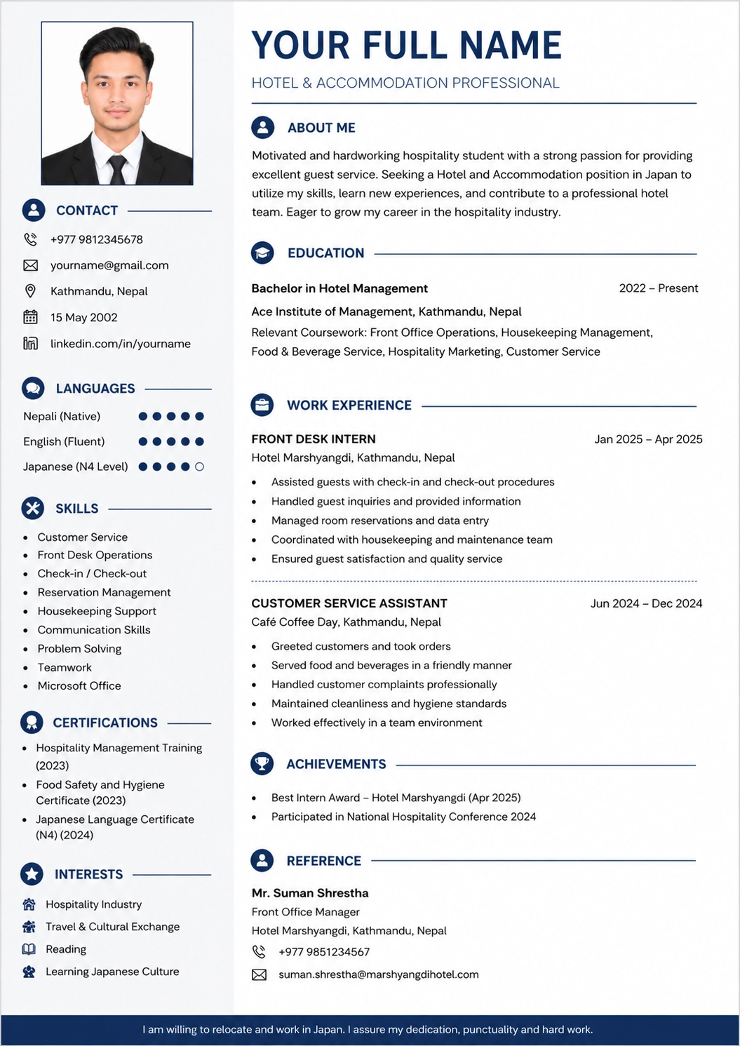 Real CV Example for Hotel and accommodation work