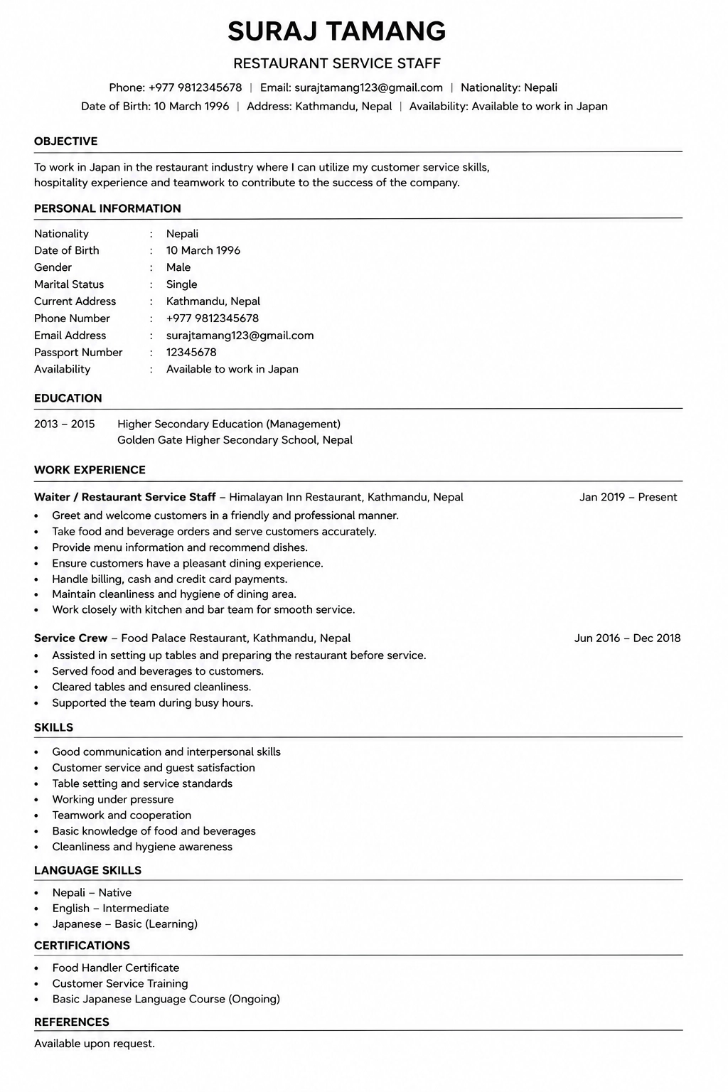 Real CV Example for Restaurant services