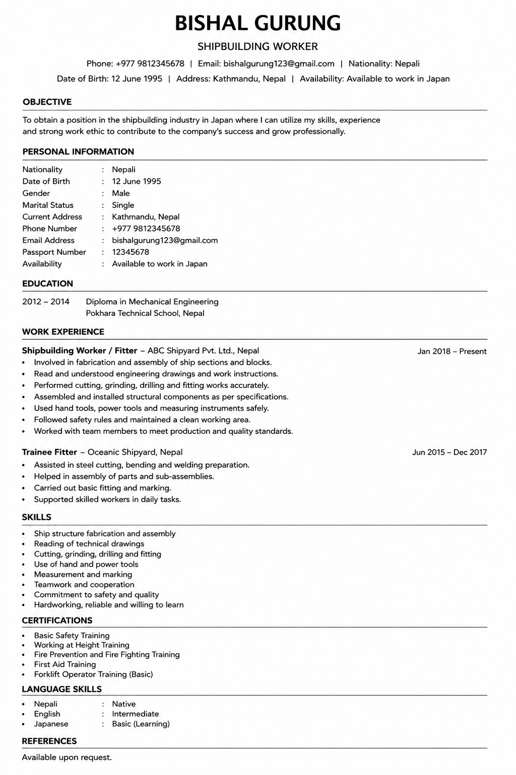 Real CV Example for Shipbuilding