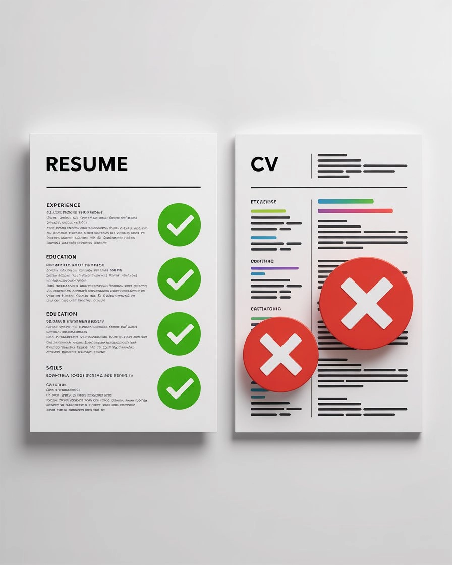 Side by side comparison of an ATS-friendly CV with simple formatting versus a visually complex CV with graphics, columns, and icons showing how the complex one gets parsed incorrectly