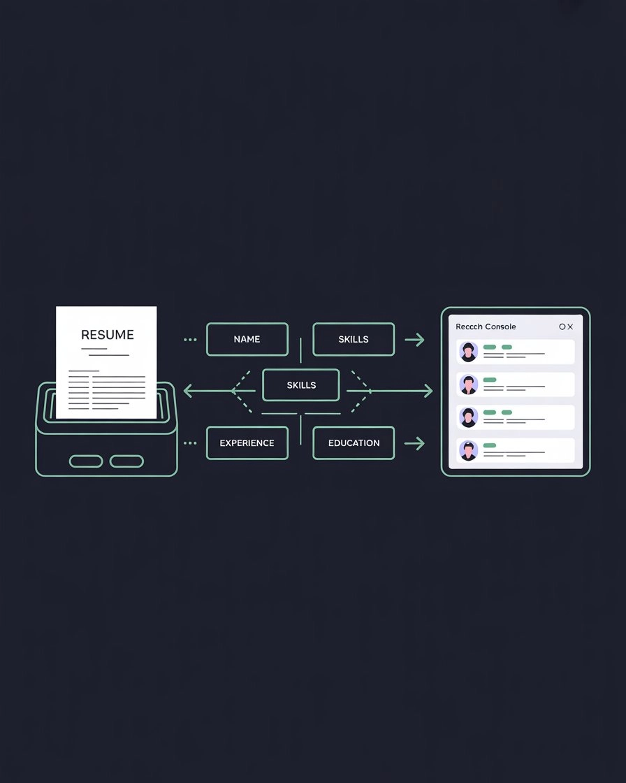 Simple diagram showing how a CV enters an ATS, gets parsed into structured fields, and becomes searchable by a recruiter