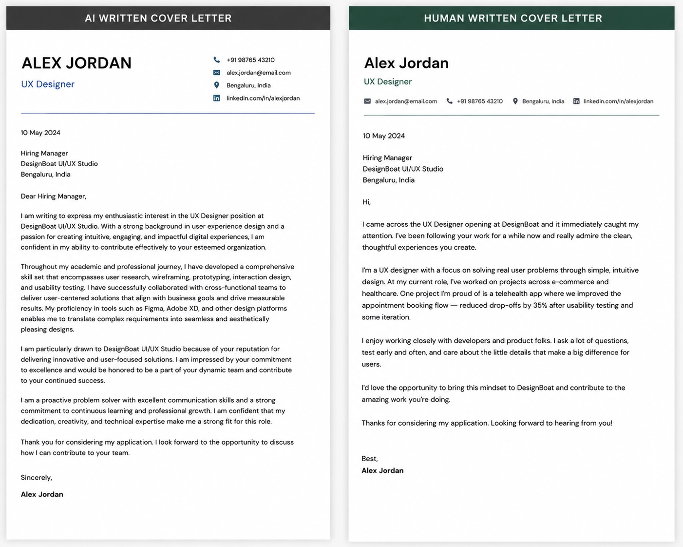 Side by side comparison showing an AI generated cover letter with identical structure and buzzwords versus a short honest human written cover letter that says something specific and real