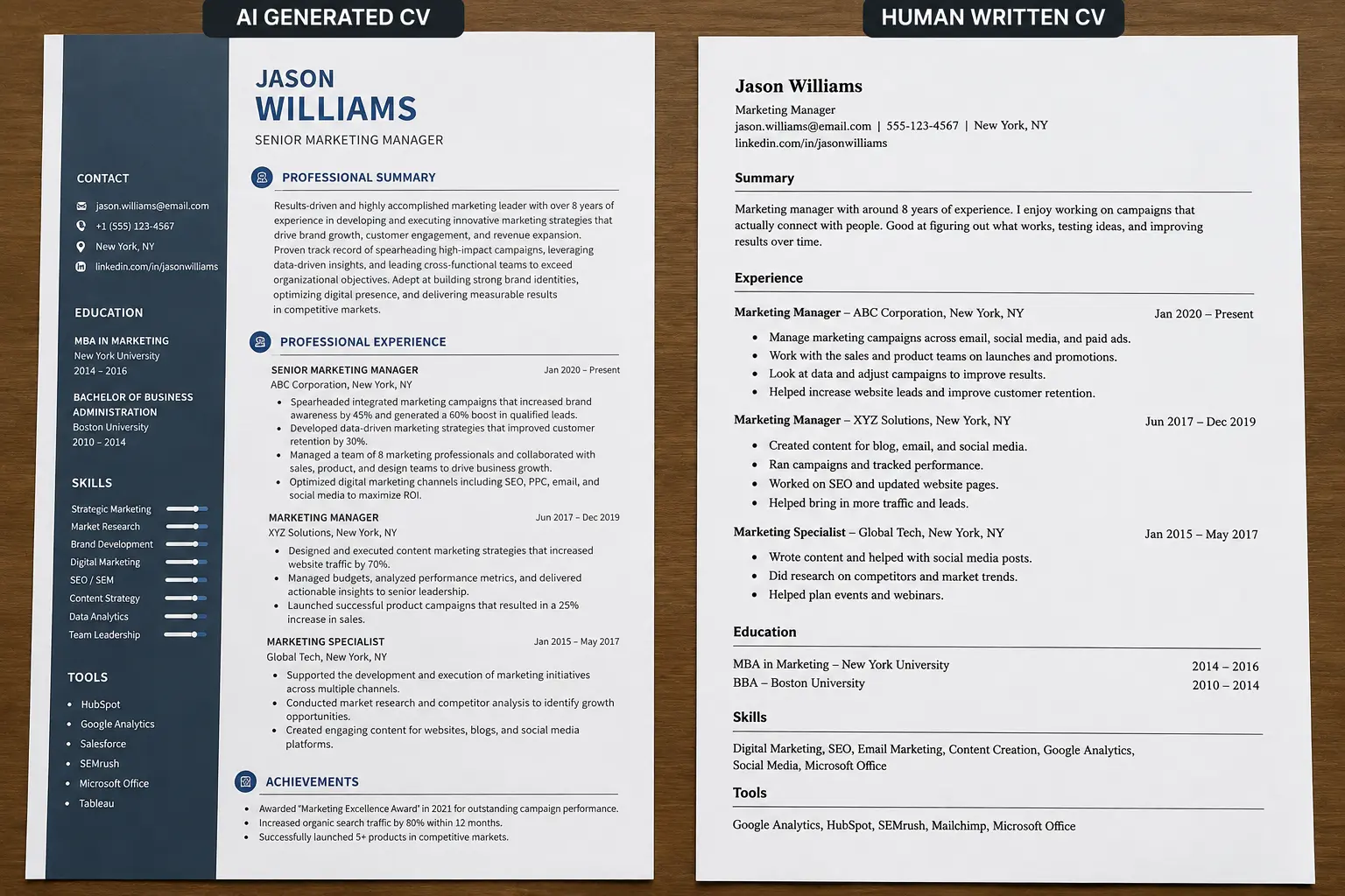 Side by side comparison showing an AI written CV summary full of buzzwords and exaggerated claims versus a human written CV summary that is specific honest and direct — same person same experience completely different impression