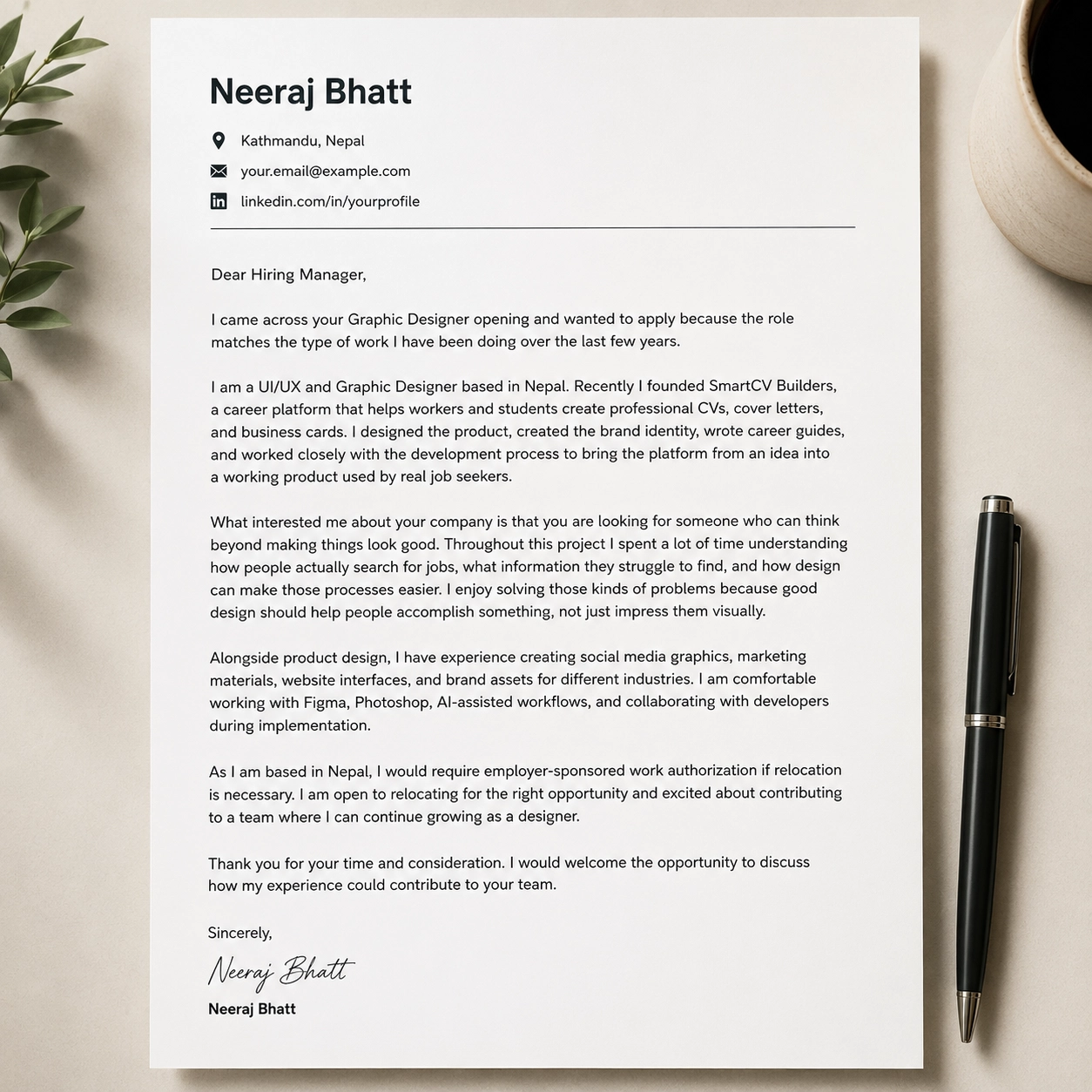 Visual: A complete, professionally structured human-written cover letter showing contact information, targeted introduction, body paragraph with achievements, relocation explanation, and professional sign-off.