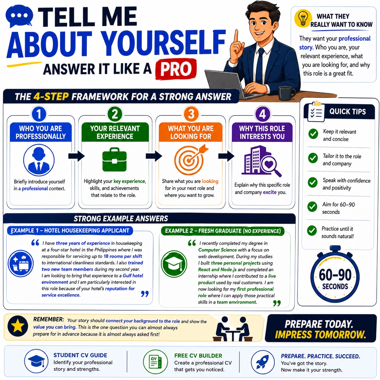 Job interview preparation checklist covering research, outfit, documents, answers, and follow-up steps for successful interview performance