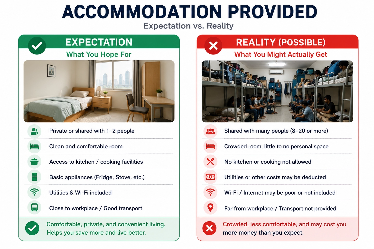 Infographic showing accommodation expectation of private spaces versus the shared dorm reality for many overseas workers