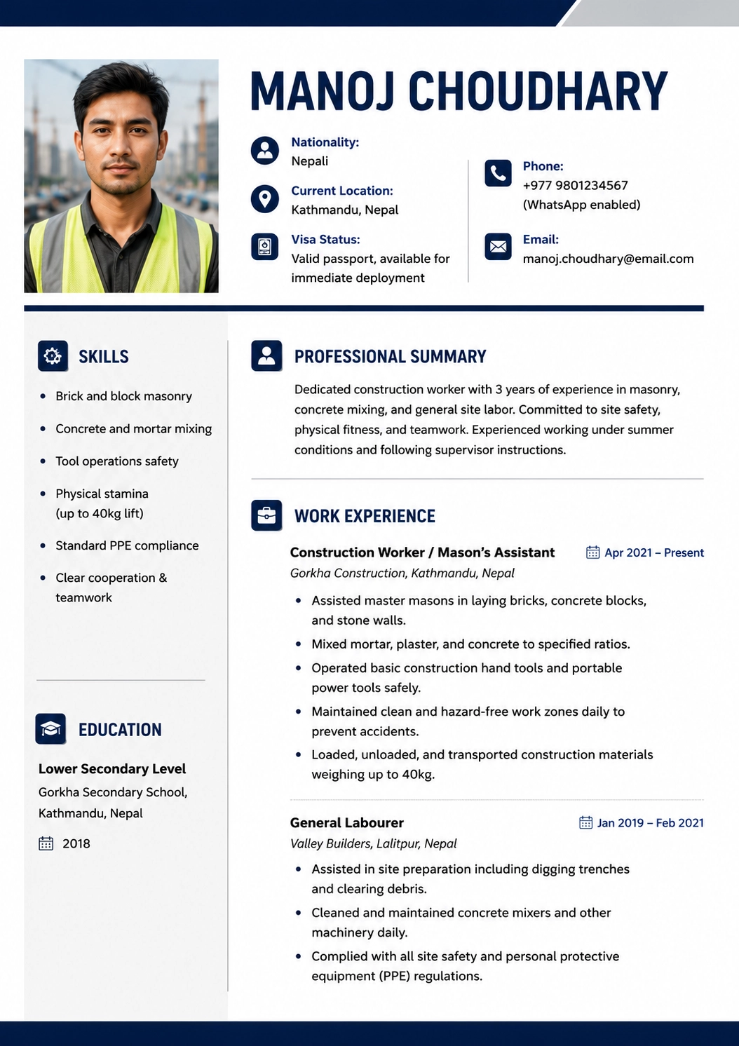 Gulf construction laborer resume layout showing construction site experience and safety certificates
