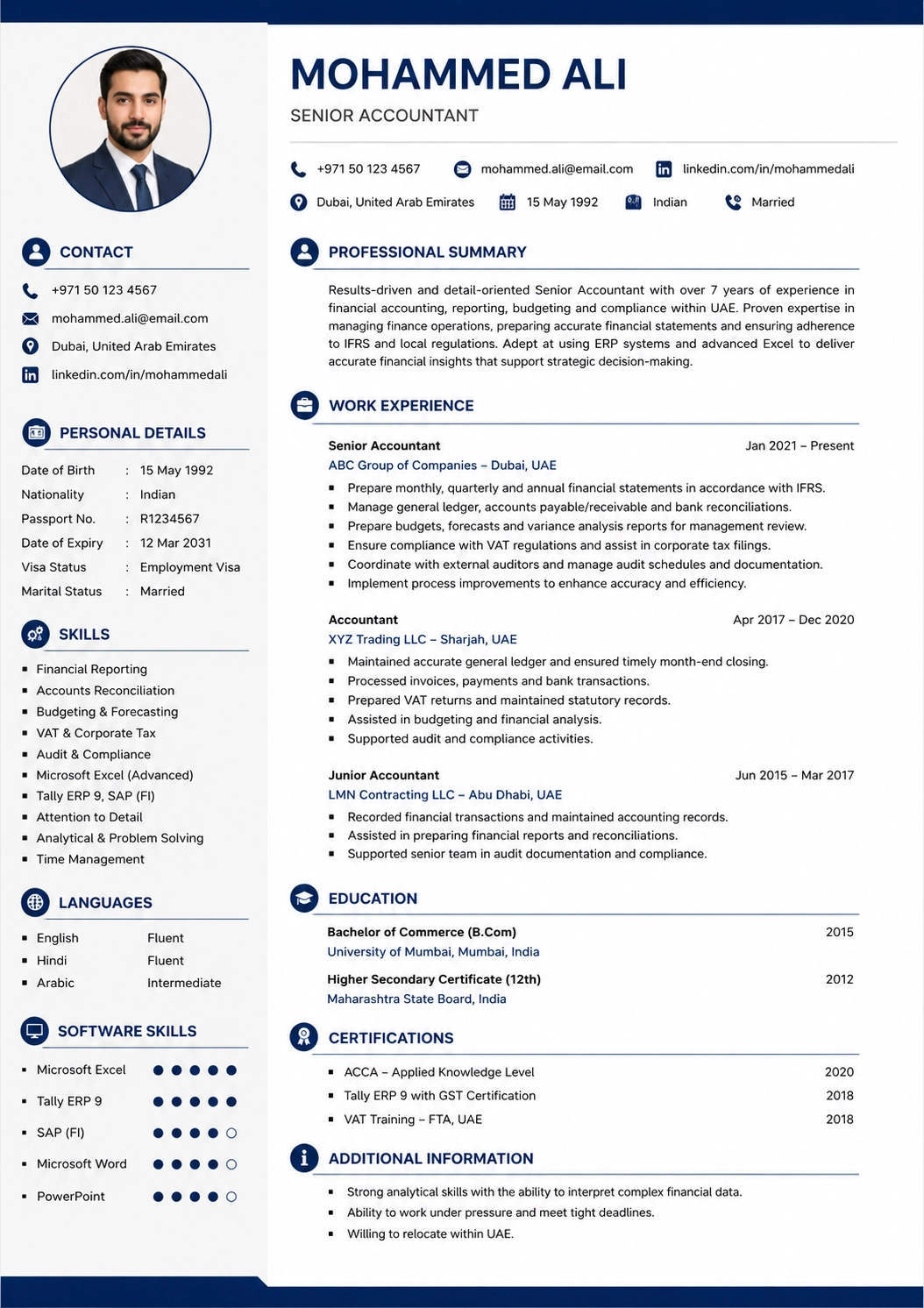 Example of a complete one page Gulf CV template showing all sections in the correct order