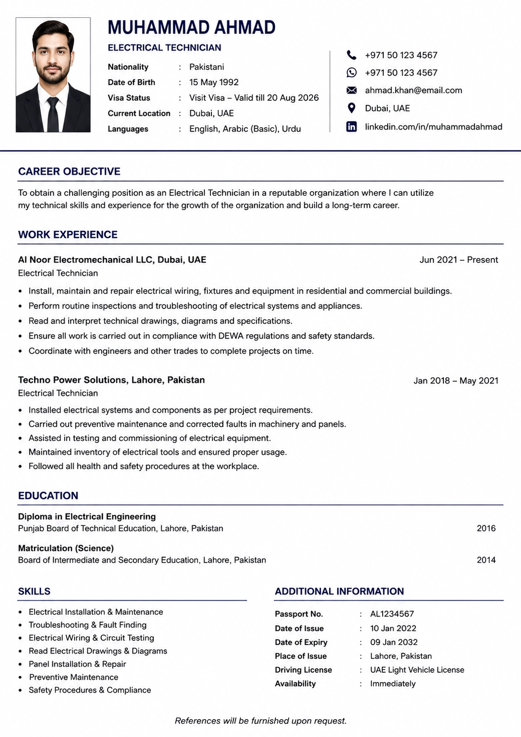 Example of a Gulf format CV showing the personal information section at the top with photo, nationality, visa status, and contact details clearly laid out