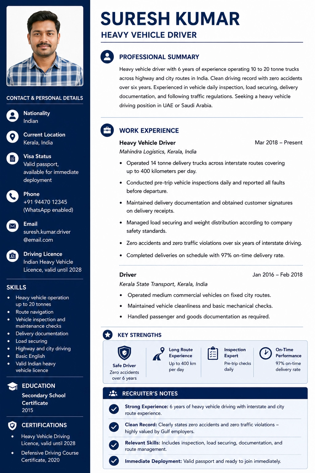 Gulf heavy vehicle driver resume showcasing driving license status and transit logs experience
