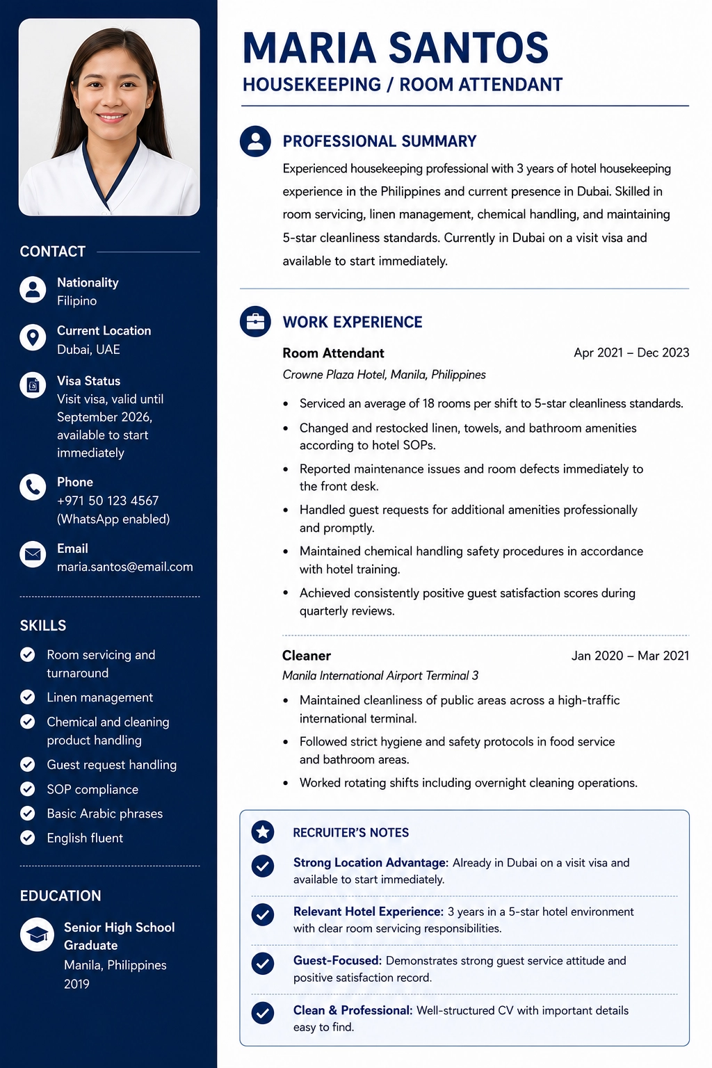 Gulf hotel housekeeping resume design showing details on hotel operations and cleaning services