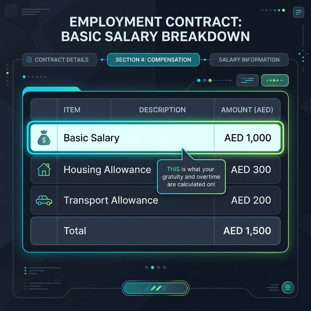Sample Gulf job offer contract highlighting key areas: basic salary, housing allowance, and transport allowances