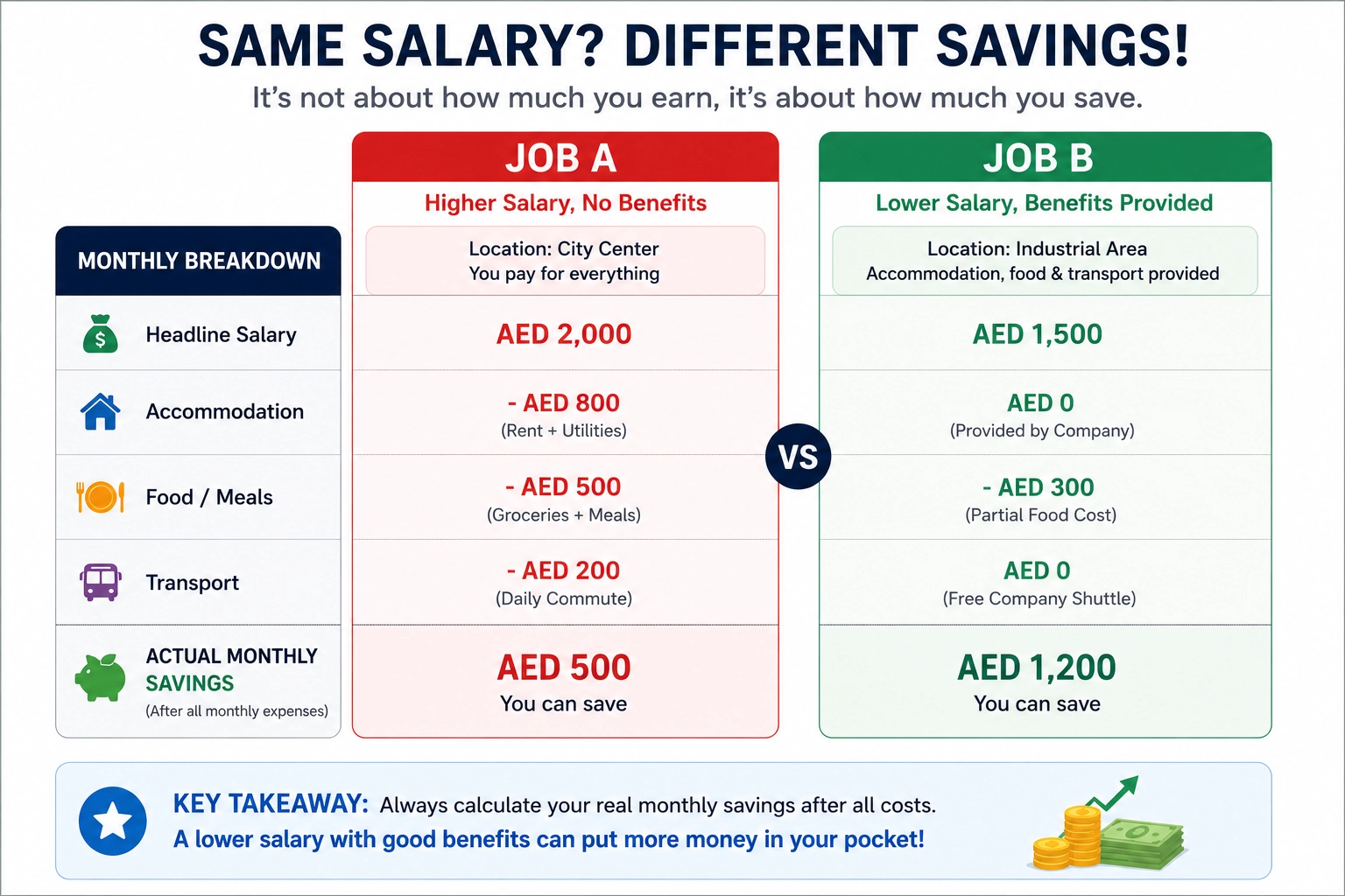 Salary vs monthly savings comparison table showing how job offers with lower base salary but higher allowances can lead to better savings
