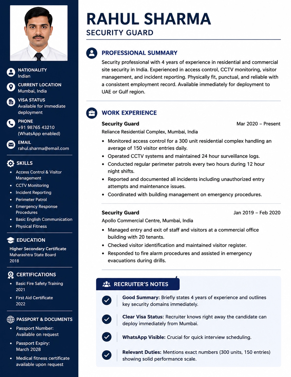 Standard layout preview for a Gulf security guard CV with experiences and licensing details