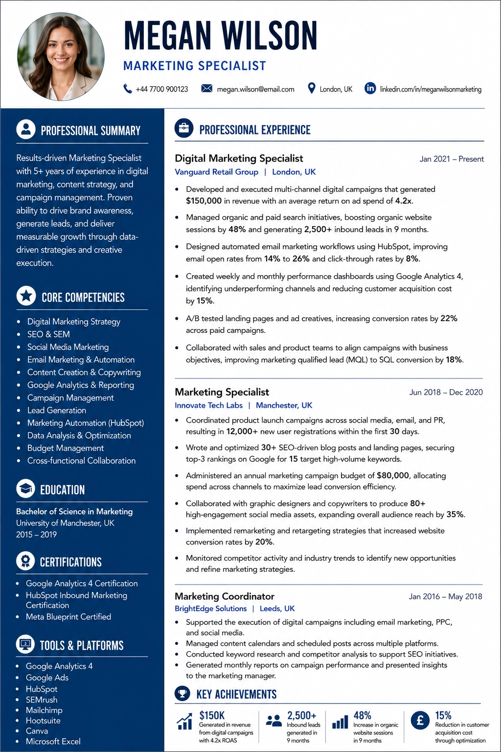 Marketing Specialist CV Sample Template