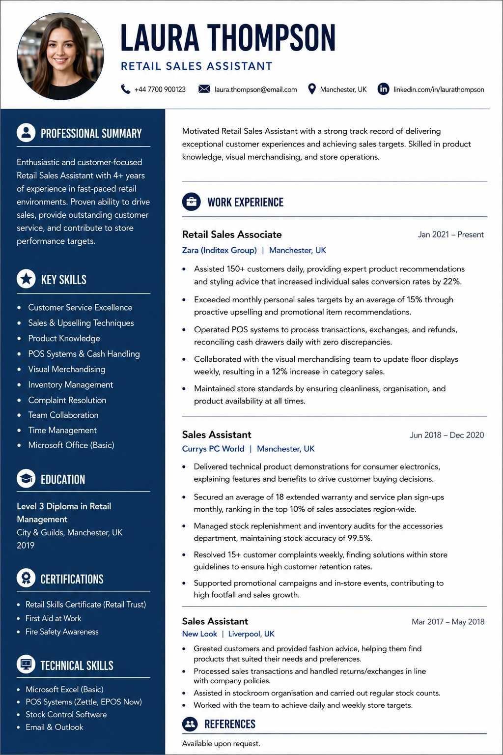 Retail Sales Assistant CV Sample Template