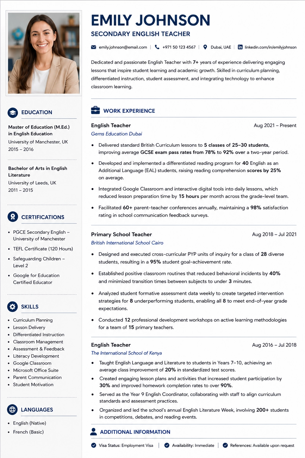 Teacher CV Sample Template