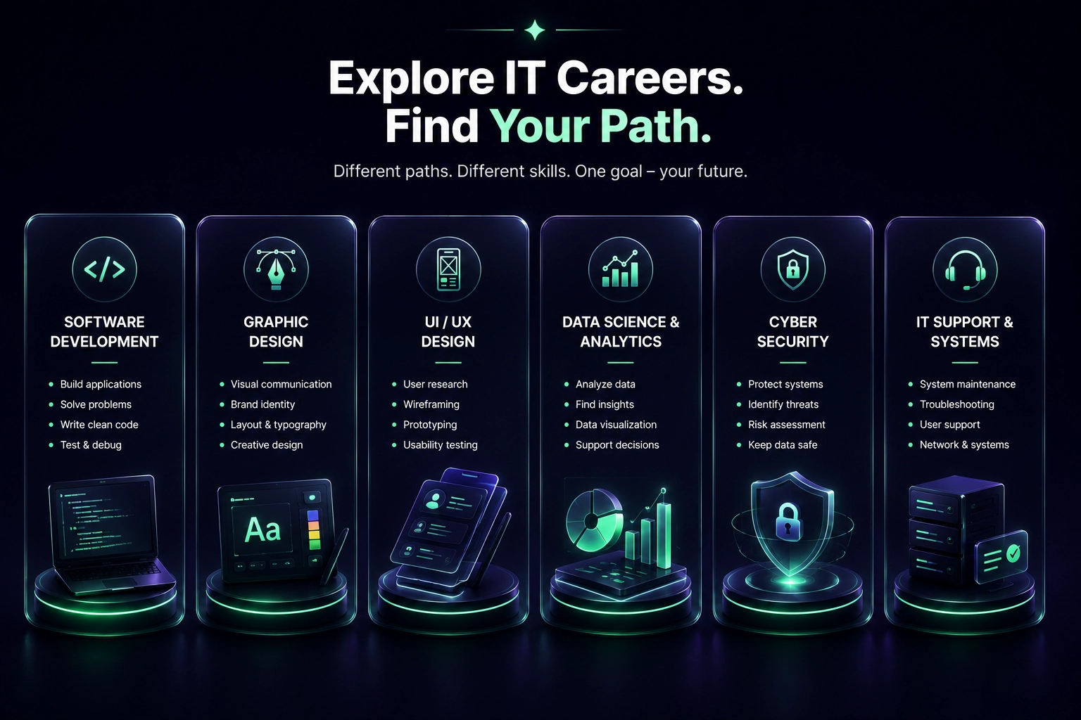 Side by side comparison of IT career paths showing software development with coding and debugging, graphic design with branding and typography, UI UX design with wireframes and prototyping, and AI engineering with machine learning and data models