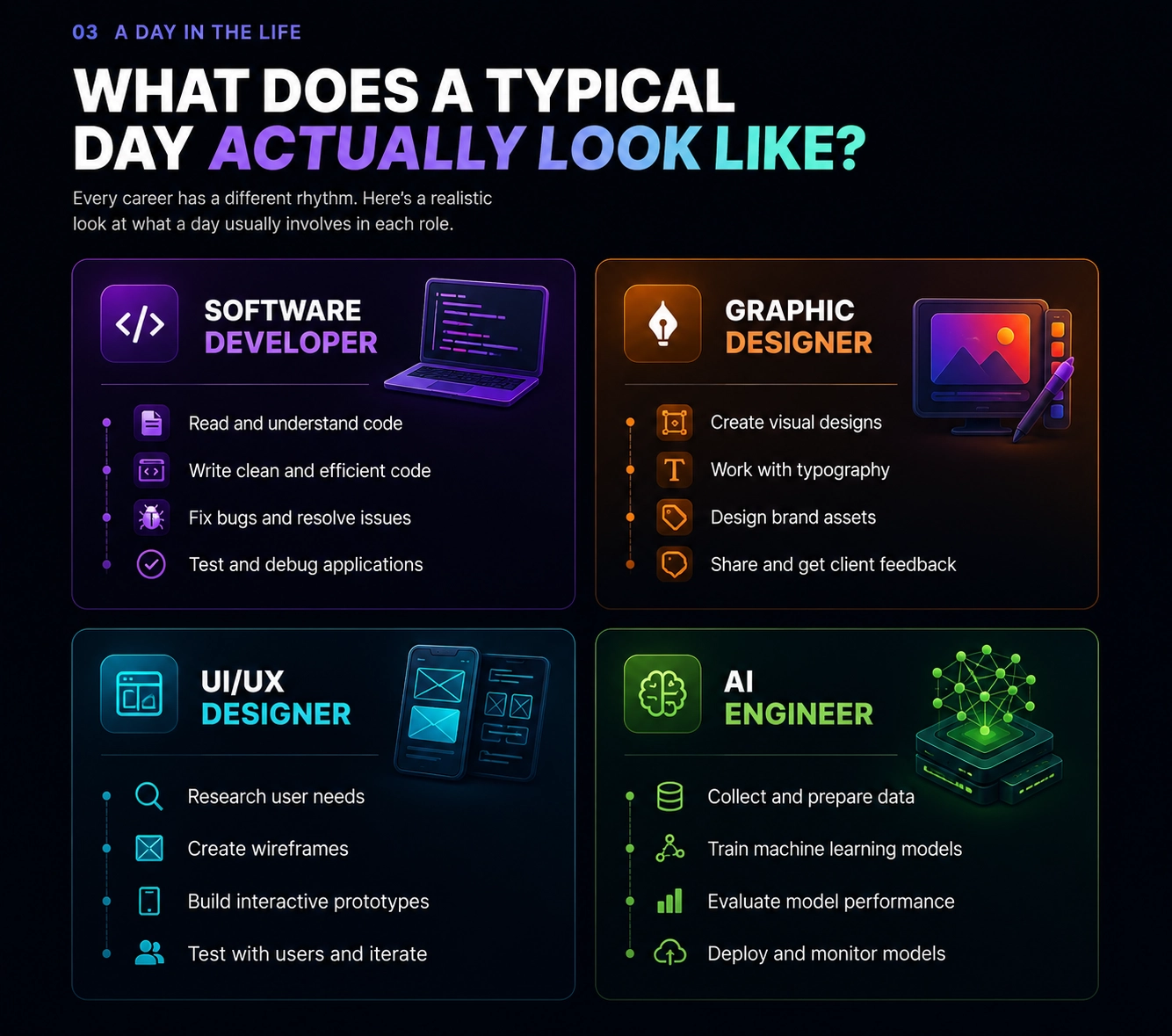A day in the life comparison grid showing typical daily tasks for a software developer reading and writing code, a graphic designer working on layouts and branding, a UI UX designer doing research and prototyping, and an AI engineer collecting data and training models
