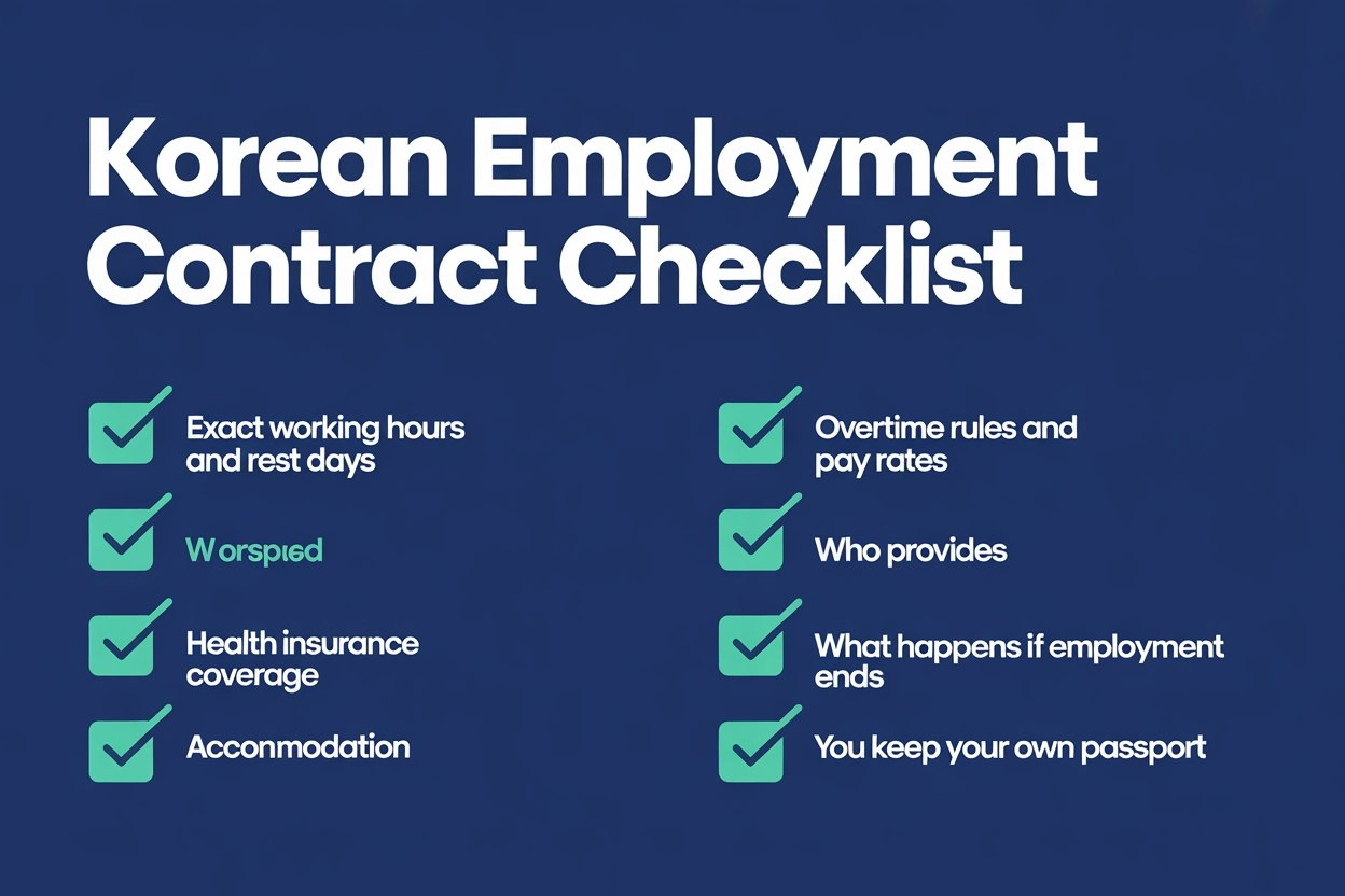 Example checklist showing what to verify in a Korean employment contract before signing
