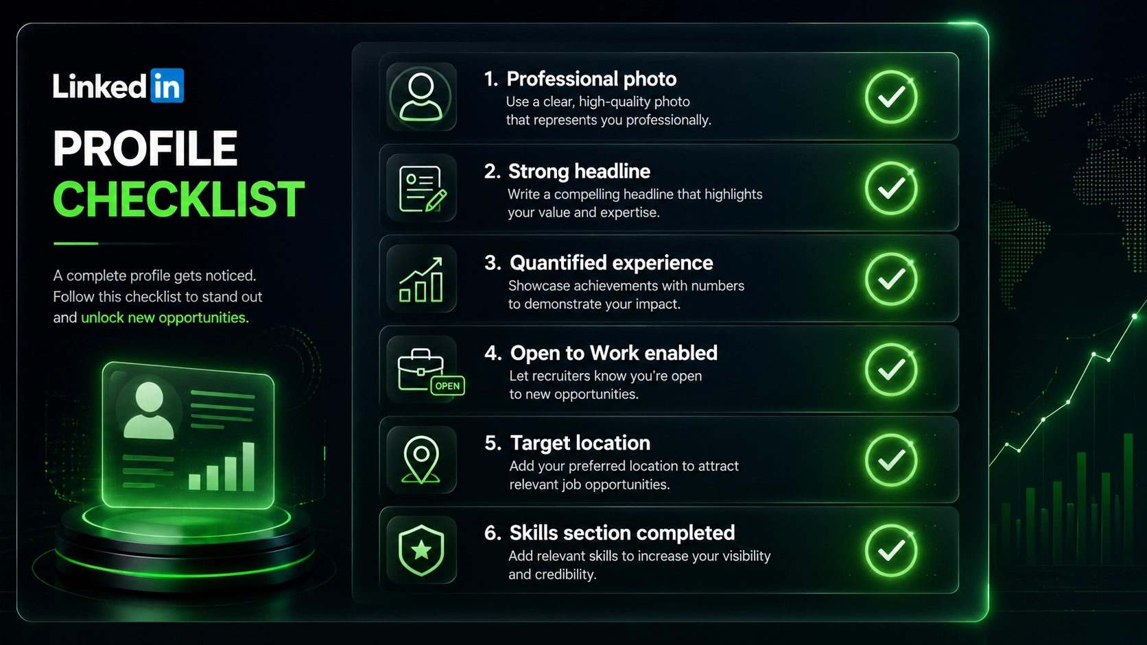 LinkedIn profile optimization checklist highlighting photo, headline, summary, experiences, and open to work status options