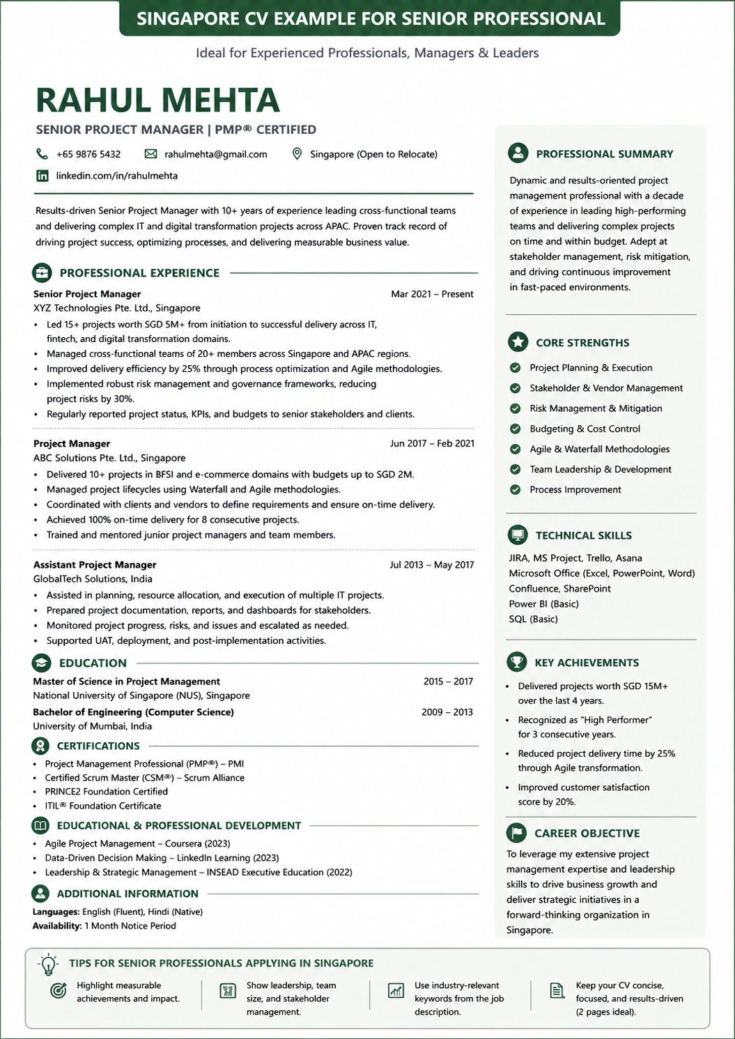 Two-page professional CV format example for senior candidates in Singapore