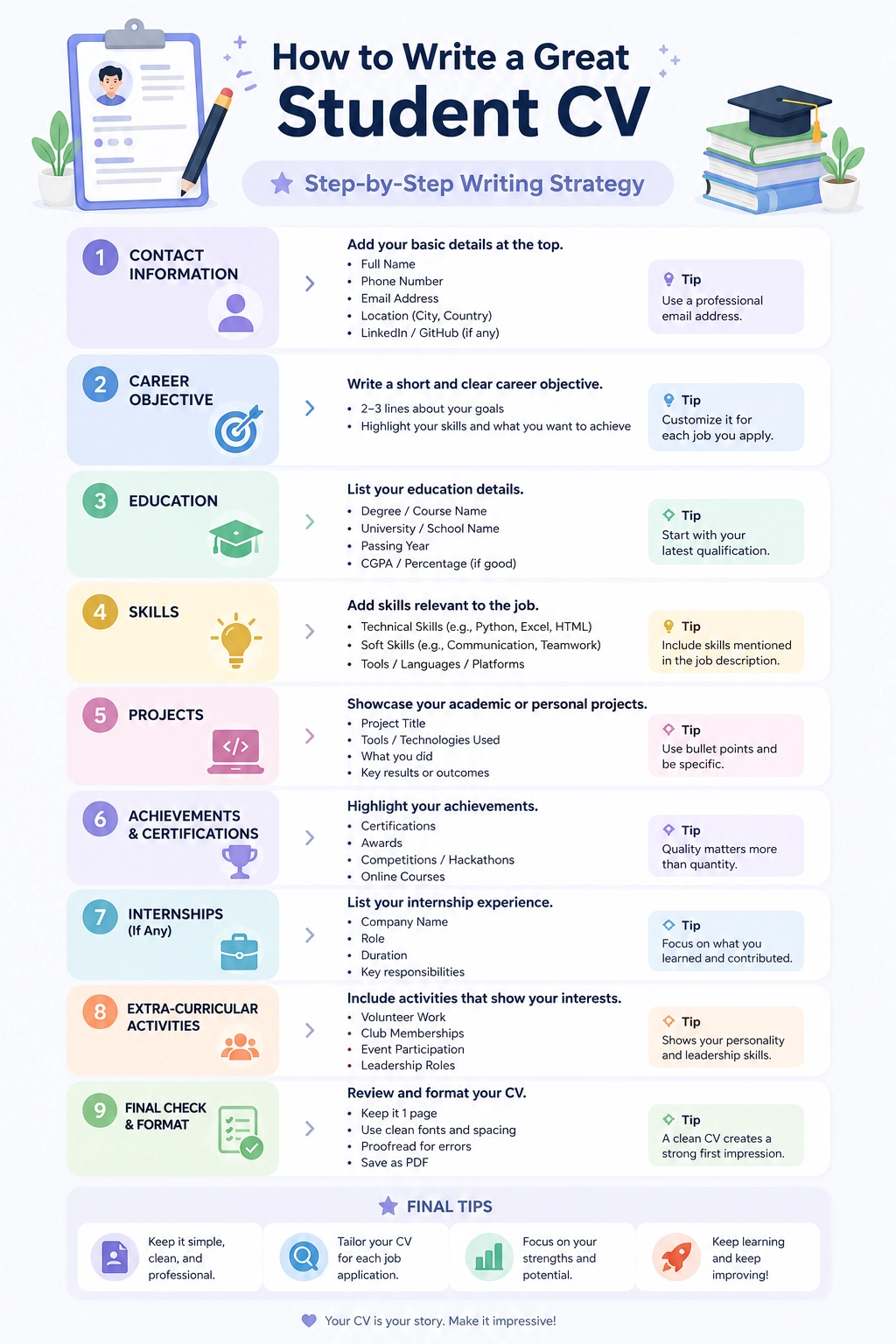 Student CV infographic detailing step-by-step writing strategies and structural rules